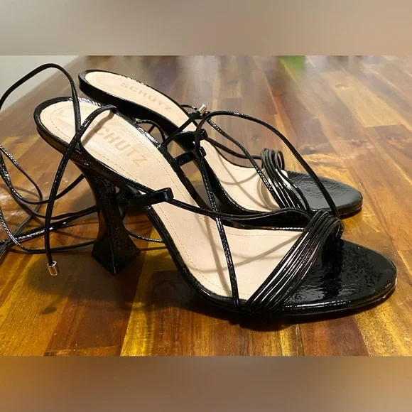 SCHUTZ Glossy Black Strappy Heels gorgeous evening sandals. One time worn. - Picture 1 of 6